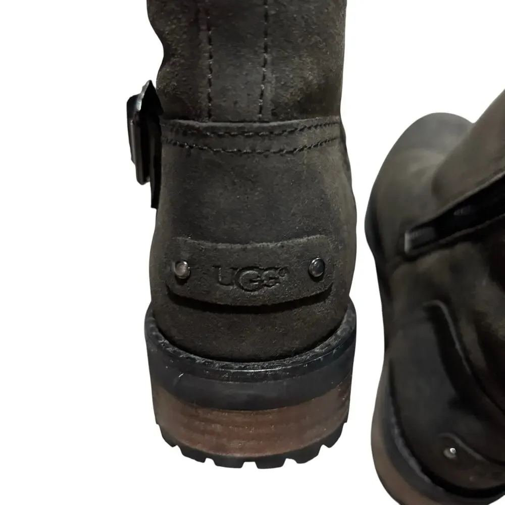 UGG Australia Women's Black Suede Biker Booties Buckle Strap Sz 7 Boots 1095130